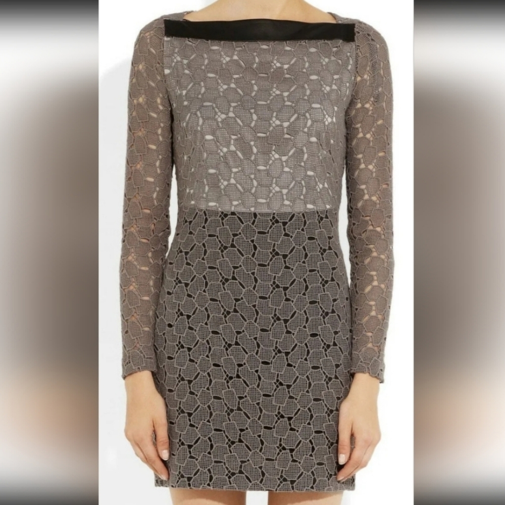 Diane von Furstenburg Sarita pebbled lace dress taupe / black leather women 12 - Picture 3 of 14